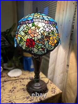 Unique Vintage Tiffany Style Table Lamp Stained Glass Flowers and Butterfly H28