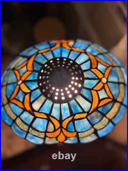 Unique Vintage Tiffany Style Table Lamp Stained Glass Flowers and Butterfly H28