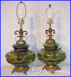 VINTAGE 1970s GREEN CARNIVAL GLASS GLOBE BRASS BASE LAMPS, MATCHING PAIR, EF IND