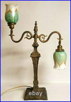 VINTAGE ART NOUVEAU DOUBLE ARM Table LAMP With PULLED FEATHER SHADES