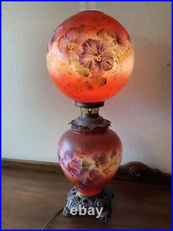 VINTAGE Electric TABLE LAMP GWTW BANQUET Parlor GLASS Flowers Red Hand Painted