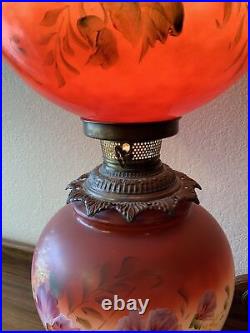 VINTAGE Electric TABLE LAMP GWTW BANQUET Parlor GLASS Flowers Red Hand Painted