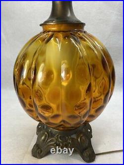 VTG 70s Mid Century Modern Amber Glass Globe Table Lamp MCM Hollywood Regency