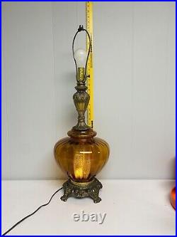 VTG Amber Optic Glass Table Lamp Hollywood Regency MCM Ornate Metal Base 29