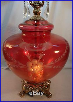 VTG Bohemian Cut cranberry Table lamp Glass Crystal Prism Hollywood Regency