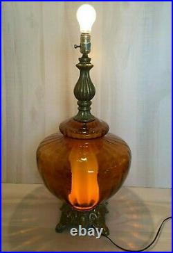 VTG Mid Century Amber Optic Art Glass Table Lamp with Night Lite
