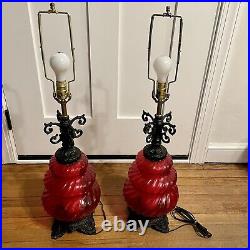 VTG Pair Mid Century Modern Red Glass Table Lamps With Night Light Retro 60's 34