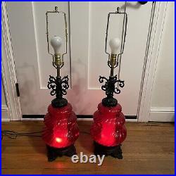 VTG Pair Mid Century Modern Red Glass Table Lamps With Night Light Retro 60's 34