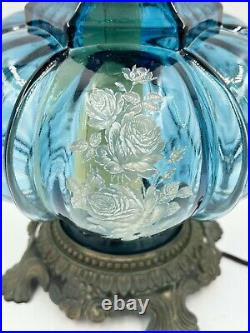 VTG Rare Mid Century Modern Blue Glass Table Lamp w-Etched Roses and Night Light