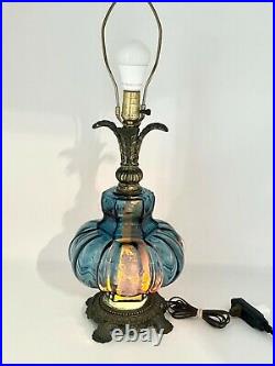 VTG Rare Mid Century Modern Blue Glass Table Lamp w-Etched Roses and Night Light