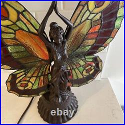 VTG Tiffany style Stained Glass Two Light Specialty Butterfly Lady Table Lamp