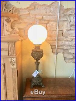 Victorian Brass Lamp with Milk Glass Hobnail Globe Shade