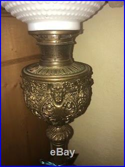 Victorian Brass Lamp with Milk Glass Hobnail Globe Shade