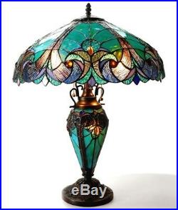 Victorian Stained Glass Table Lamp Tiffany Style Shade Double Lit 24.5H