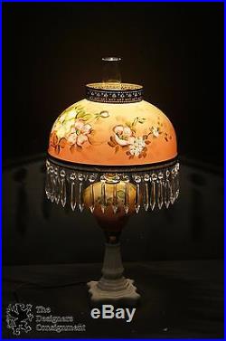 Victorian Style Fenton Glass Hurricane Lamp Hand Painted Signed Shade Crystals