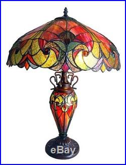 Victorian Table Lamp Tiffany Style Stained Glass Lighted Base 18 Shade 24.5 T