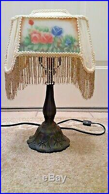 Victorian Table Lamp with Rectangle Shade Frosted Floral Glass Beaded Fringe