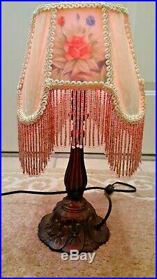 Victorian Table Lamp with Rectangle Shade Frosted Floral Glass Beaded Fringe