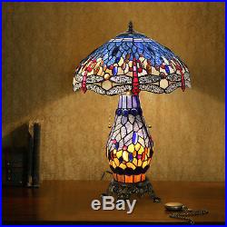 Victorian Tiffany Lamp 3 Light Double Lit Stained Glass Table Bedside Lamp Decor