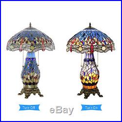Victorian Tiffany Lamp 3 Light Double Lit Stained Glass Table Bedside Lamp Decor