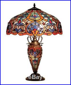 Victorian Tiffany Style Table Lamp Stained Glass Lighted Base 18 Shade 25 Tall