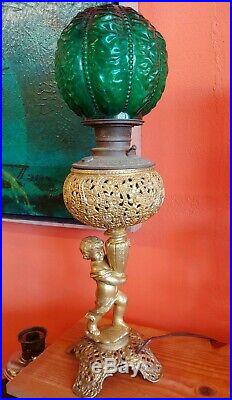 Victorian converted Cherub Oil Parlor Table Lamp Gone with the Wind Fenton Shade
