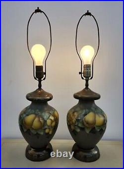 Vintage 1930s 40s Antique Table Lamps Green fruit Cottage Hand painted Yellow