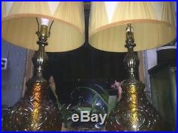 Vintage 1970's Pair of Amber Glass Lamps With Nightlight Awesome Shades