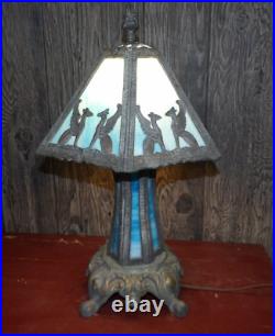 Vintage 1972 Art Deco Blue Leaded Slag Glass Table Lamp FF & FF Industries