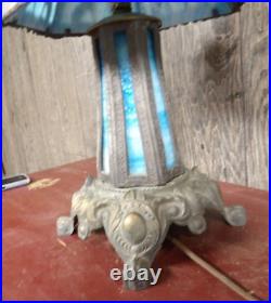 Vintage 1972 Art Deco Blue Leaded Slag Glass Table Lamp FF & FF Industries