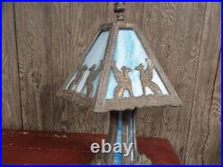 Vintage 1972 Art Deco Blue Leaded Slag Glass Table Lamp FF & FF Industries