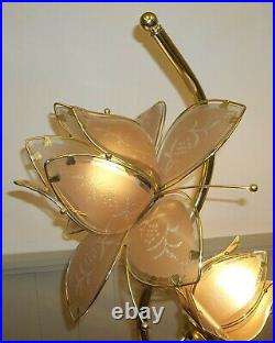 Vintage 1980s Retro Brass & Pink Glass Lotus Flowers 3-Way Light 40 Tall Lamp