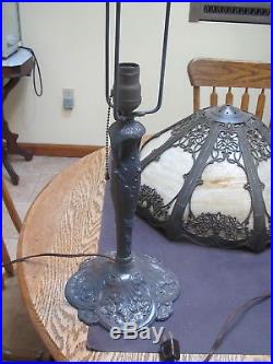 Vintage 23H cast metal, ornate 8 panel carmel slag glass single socket lamp