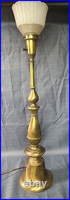 Vintage 33½ Heavy Brass Torchiere Table Lamp withGlass Shade SHIPS FREE
