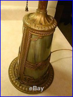 Vintage Antique Art Nouveau Brass Table Lamp Shade Slag Glass Panels As-Is