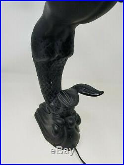 Vintage Art Deco Mermaid Lamp Black 24 Inches Tall Holding White Glass Orb