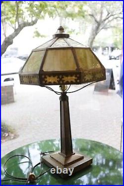 Vintage Arts and Crafts Metal and Slag Glass Table Lamp