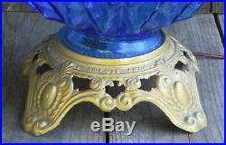 Vintage BLUE GLASS Table Lamp HOLLYWOOD REGENCY Mid Century 3 Way BASE LIGHTS