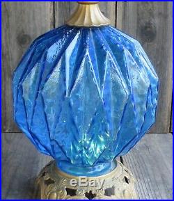 Vintage BLUE GLASS Table Lamp HOLLYWOOD REGENCY Mid Century 3 Way BASE LIGHTS