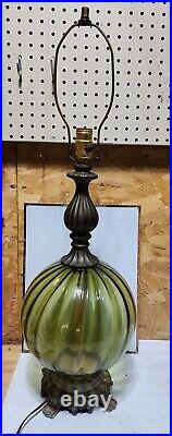 Vintage BoHo Brass Ribbed Green Glass Swag Electric Table Lamp 3 Way Hedco USA