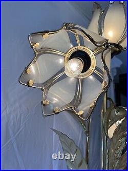 Vintage Bouquet Lotus Flower Brass & Glass Table Lamp Beautiful & Works Great