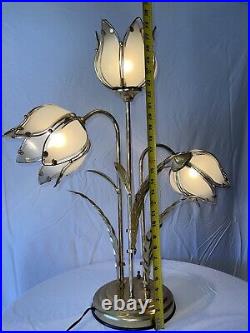 Vintage Bouquet Lotus Flower Brass & Glass Table Lamp Beautiful & Works Great