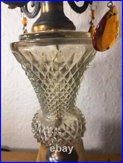 Vintage Brass Amber Crystal/Cut Glass Table Lamp Hollywood Regency #328