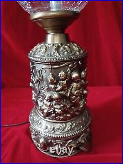 Vintage Brass Cherub Table Lamp Ornate Crackle Glass Globe Hollywood Regency