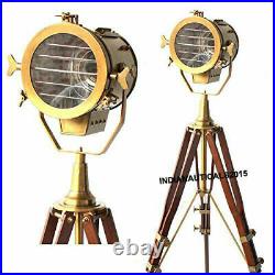Vintage Brass Nautical Searchlight Floor Lamp Spotlight Wooden Tripod Light