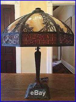 Vintage Charles Parker Lamp Antique Stained Panel Slag Glass table Lamp Light