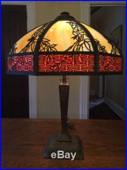 Vintage Charles Parker Lamp. Slag Stained Glass Cast Iron Base Antique Light