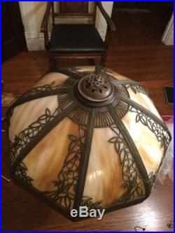 Vintage Charles Parker Lamp. Slag Stained Glass Cast Iron Base Antique Light