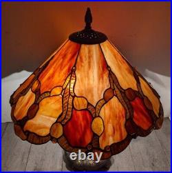 Vintage Dale Tiffany Jeweled Amber Stained Glass Table Lamp Victorian Bronze