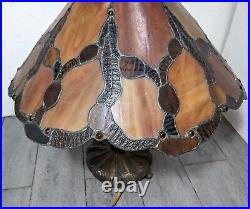 Vintage Dale Tiffany Jeweled Amber Stained Glass Table Lamp Victorian Bronze